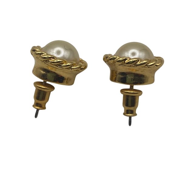 KJL Kenneth J Lane Gold Tone Faux Pearl Stud Earrings Rope Twist Domed Vintage - Picture 2 of 11